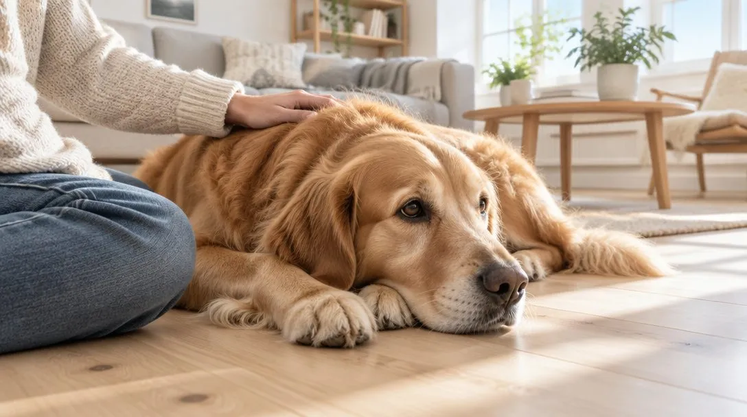 Hund som vilar i ett ljust vardagsrum