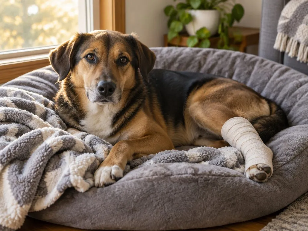 Hund med bandagerat bakben vilar i en grå hundbädd hemma