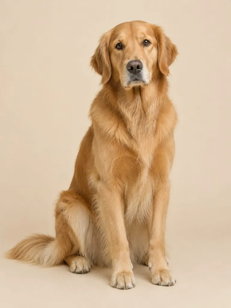 Golden retriever som sitter på ett ljust golv