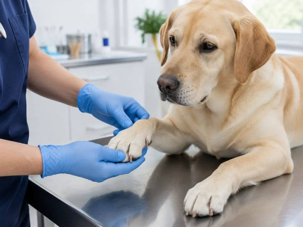 Veterinär i blå handskar undersöker tassen på en ljus labrador på ett behandlingsbord